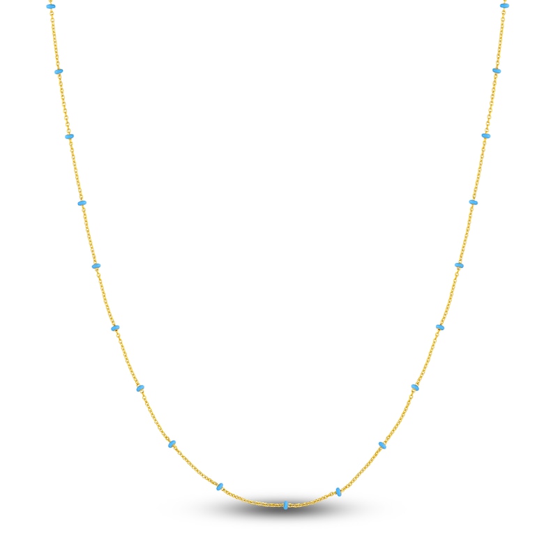 Main Image 1 of Solid Station Necklace Light Blue Enamel 14K Yellow Gold 18"
