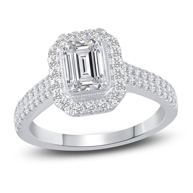 Main Image 1 of Diamond Halo Engagement Ring 1-1/8 ct tw Emerald/Round 14K White Gold