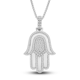 Diamond Hamsa Pendant Necklace 1/2 ct tw Round Sterling Silver 22"