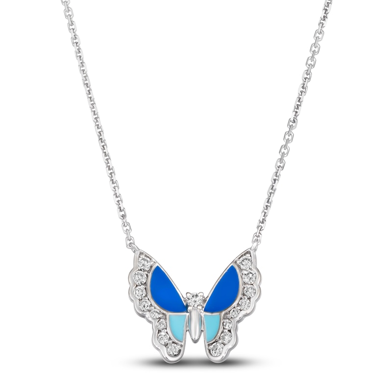 Main Image 1 of Le Vian Diamond Butterfly Necklace 1/4 ct tw Round Blue/Turquoise Enamel 14K Vanilla Gold 19"