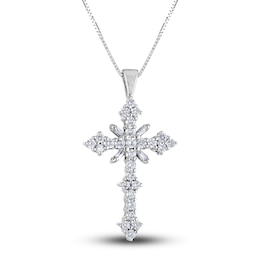 Diamond Cross Pendant Necklace 1-1/2 ct tw Round/Baguette 14K White Gold 18"