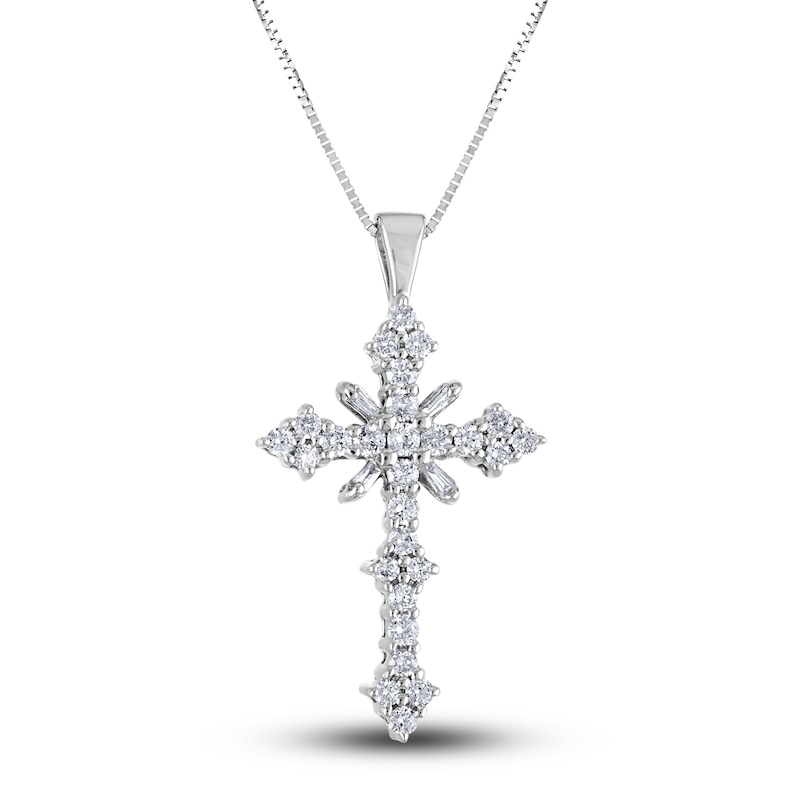 Main Image 1 of Diamond Cross Pendant Necklace 1-1/2 ct tw Round/Baguette 14K White Gold 18"