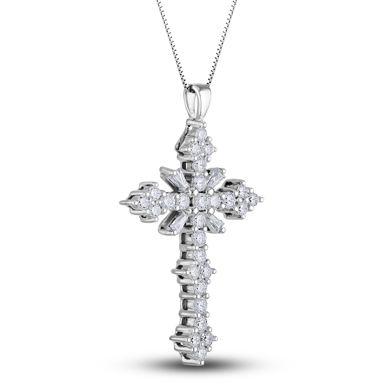 Main Image 2 of Diamond Cross Pendant Necklace 1-1/2 ct tw Round/Baguette 14K White Gold 18"
