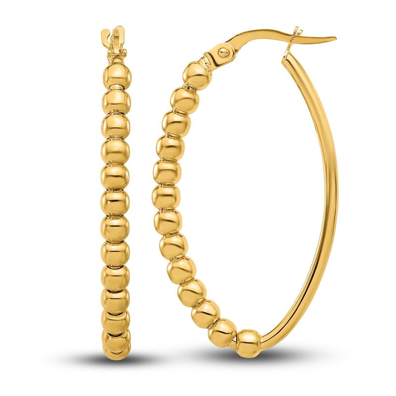 Beaded Oval Hoop Earrings 14K Yellow Gold