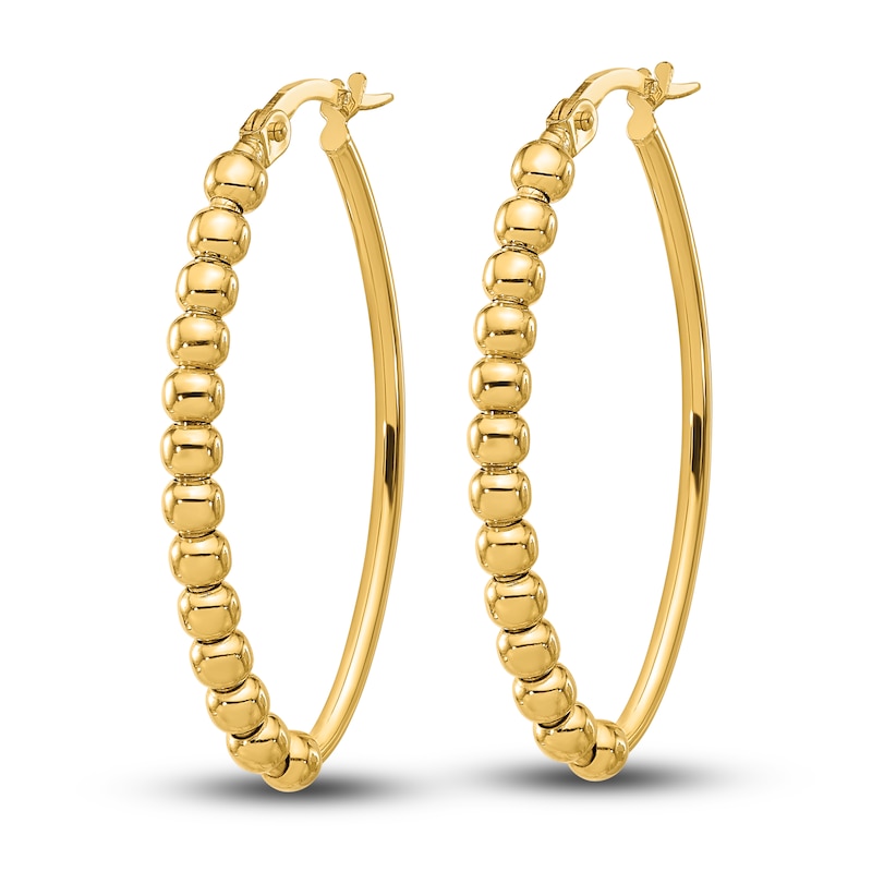 Beaded Oval Hoop Earrings 14K Yellow Gold