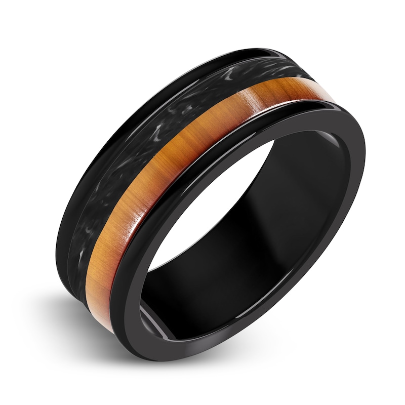 Main Image 2 of Men's Wood Wedding Band Black Tungsten/Carbon Fiber 8.0mm