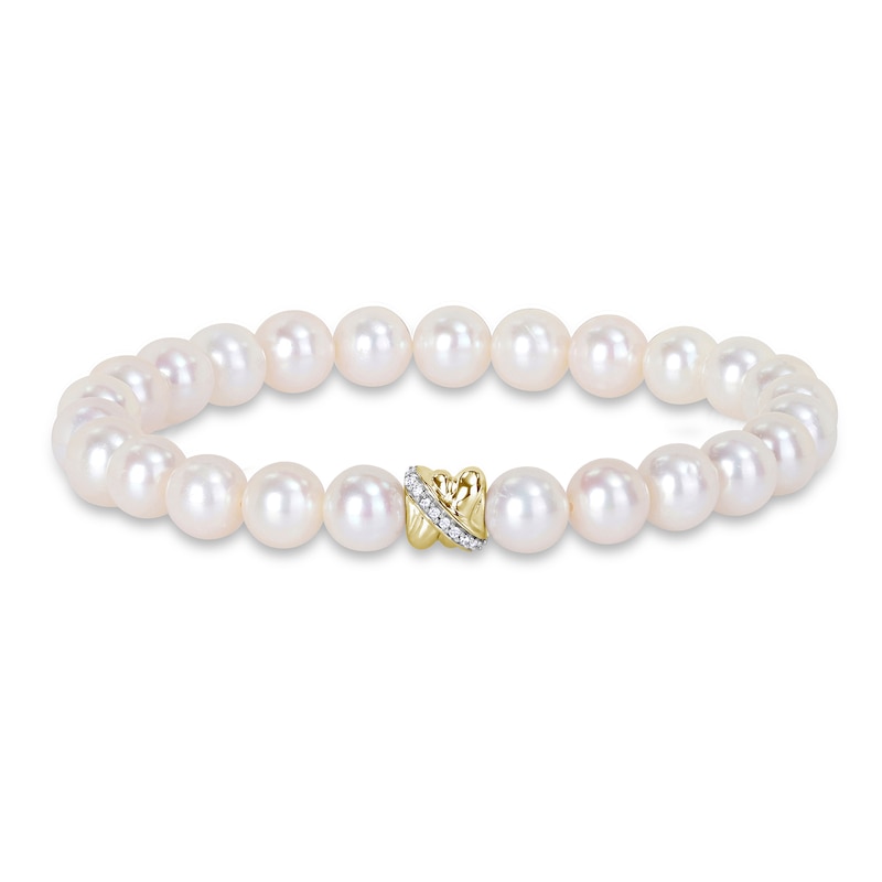 Main Image 1 of Y-Knot Freshwater Cultured Pearl Bracelet 1/10 ct tw Diamonds 14K Yellow Gold 7.5"