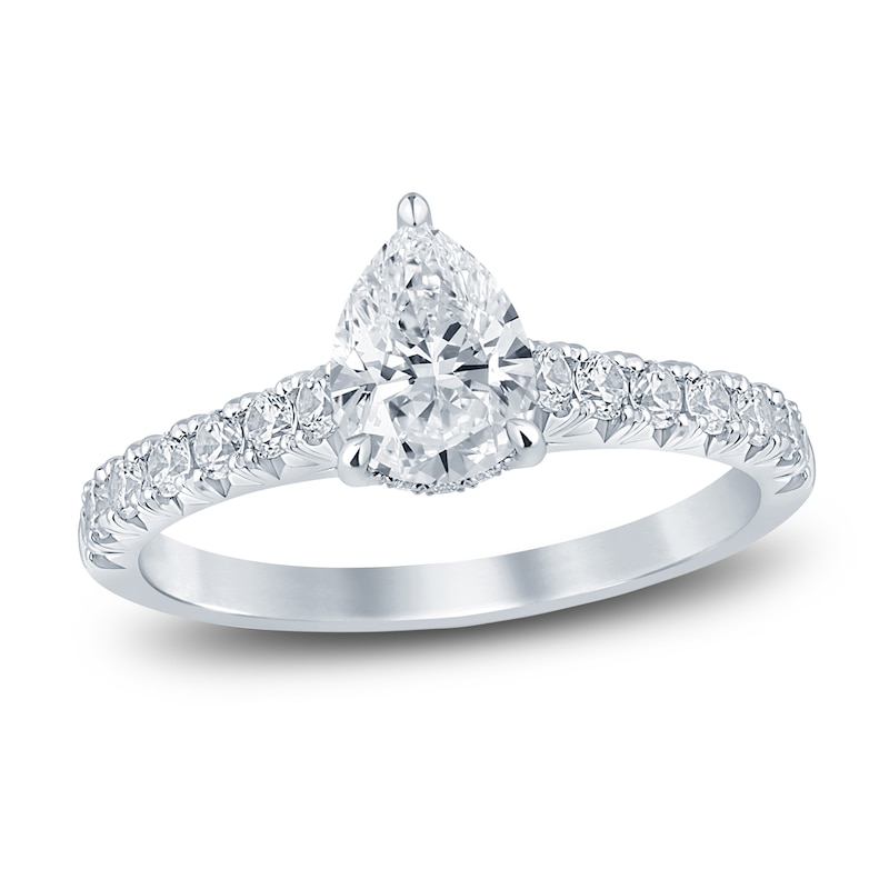 Main Image 1 of Diamond Hidden Halo Engagement Ring 1-1/2 ct tw Pear/Round 14K White Gold
