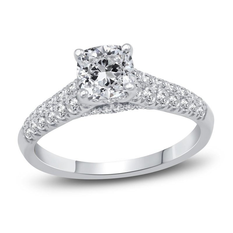 Main Image 1 of Diamond Halo Engagement Ring 1-3/8 ct tw Cushion/Round 14K White Gold