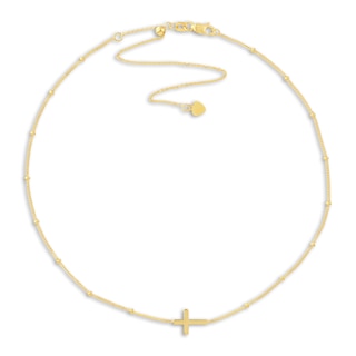 Sideways Cross Choker Necklace 14K Yellow Gold 15" Adj.