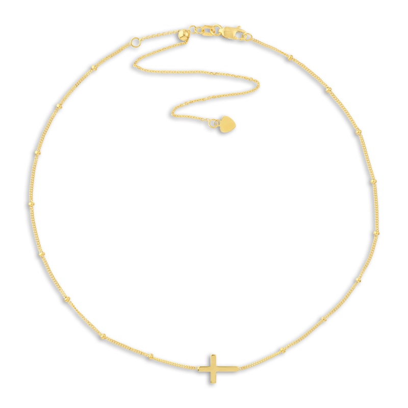 Main Image 1 of Sideways Cross Choker Necklace 14K Yellow Gold 15" Adj.