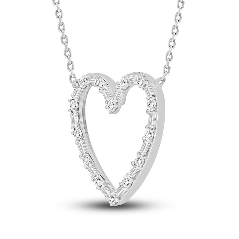 Main Image 3 of Diamond Heart Necklace 1/3 ct tw Round/Baguette 10K White Gold