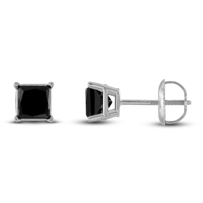 Main Image 1 of Black Diamond Solitaire Stud Earrings 1 ct tw Princess 10K White Gold