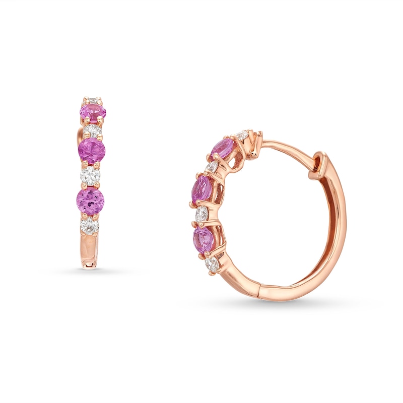 Kallati Natural Pink Sapphire Hoop Earrings 1/6 ct tw Diamonds 14K Rose Gold