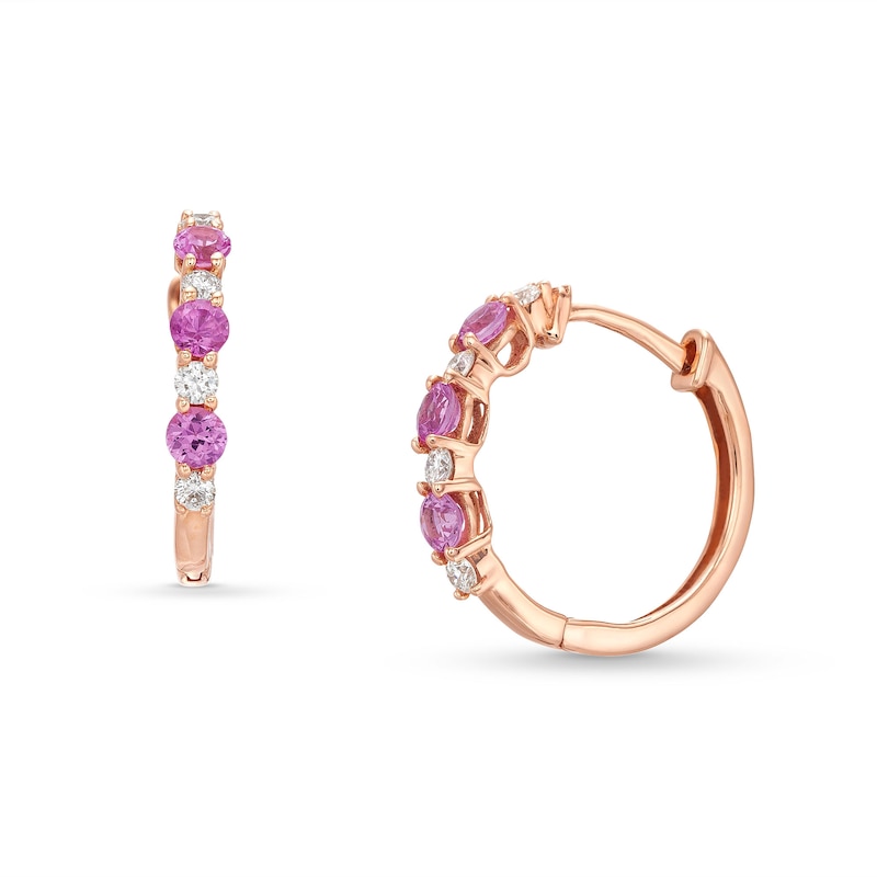 Main Image 1 of Kallati Round-Cut Natural Pink Sapphire Hoop Earrings 1/6 ct tw Diamonds 14K Rose Gold