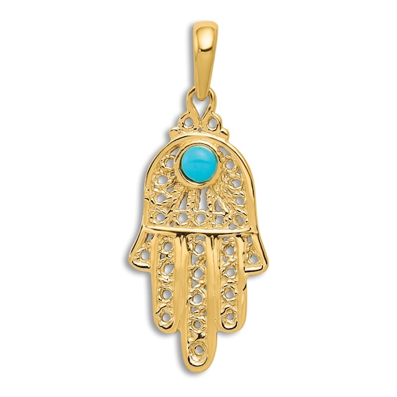 Lab-Created Turquoise Hamsa Hand Charm 14K Yellow Gold