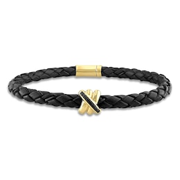 Men's Black Diamond & Woven Black Leather Bracelet 1/20 ct tw Round 14K Yellow Gold 9&quot;