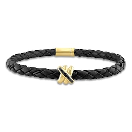 Y-Knot Men's Black Diamond & Woven Black Leather Bracelet 1/20 ct tw Round 14K Yellow Gold 9"