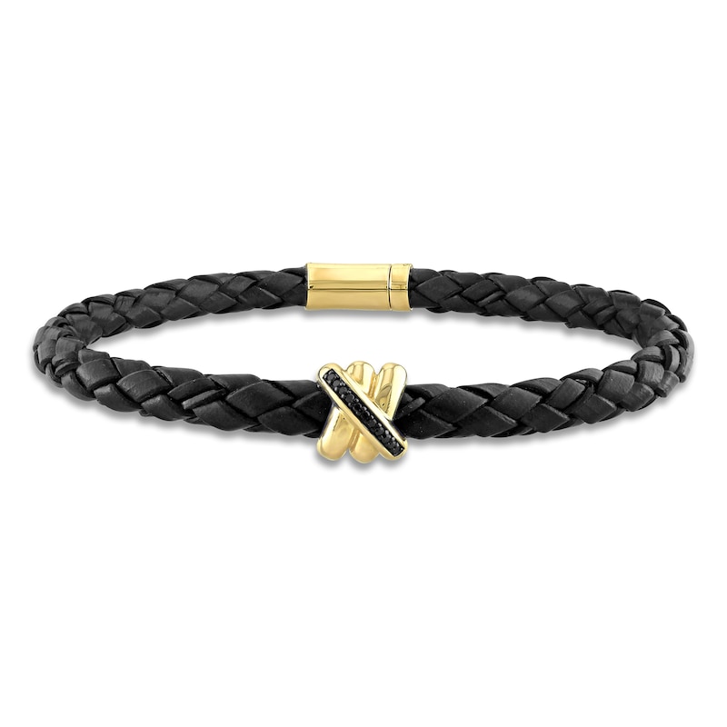 Main Image 1 of Y-Knot Men's Black Diamond & Woven Black Leather Bracelet 1/20 ct tw Round 14K Yellow Gold 9"