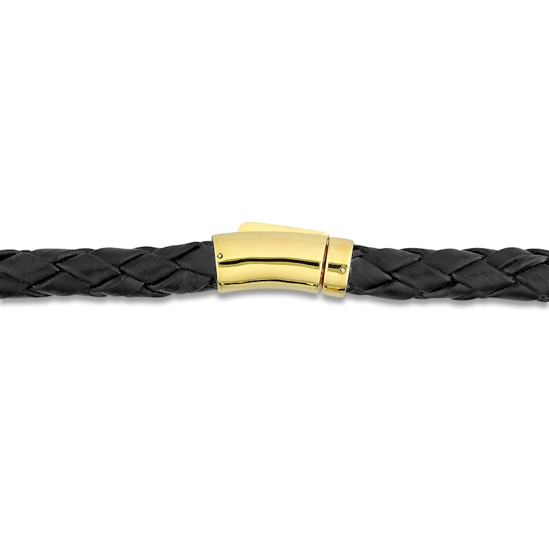 Main Image 2 of Y-Knot Men's Black Diamond & Woven Black Leather Bracelet 1/20 ct tw Round 14K Yellow Gold 9"