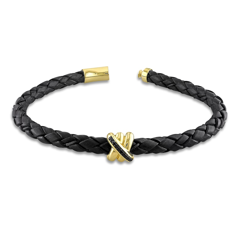 Y-Knot Men's Black Diamond & Woven Black Leather Bracelet 1/20 ct tw Round 14K Yellow Gold 9"