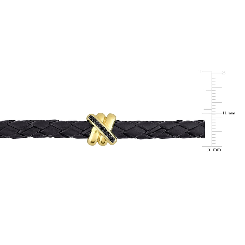 Y-Knot Men's Black Diamond & Woven Black Leather Bracelet 1/20 ct tw Round 14K Yellow Gold 9"