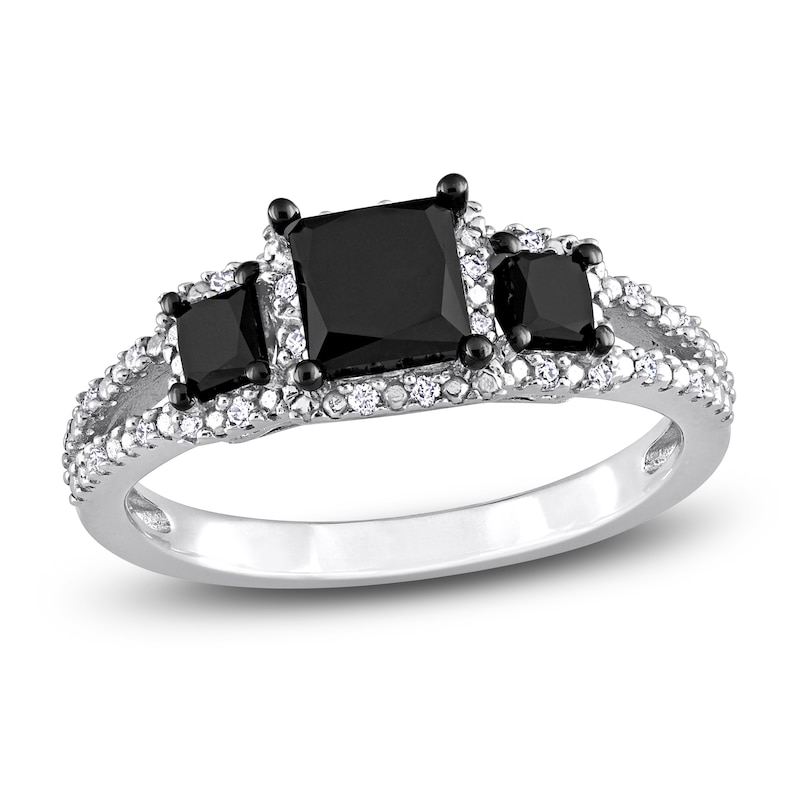 Black & White Diamond 3-Stone Engagement Ring 1-1/2 ct tw Round 14K White Gold