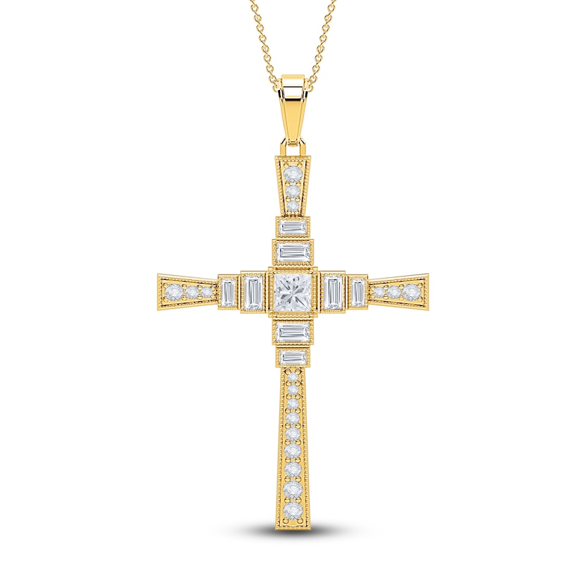 Diamond Cross Pendant Necklace 3/4 ct tw Princess/Baguette/ Round 14K ...