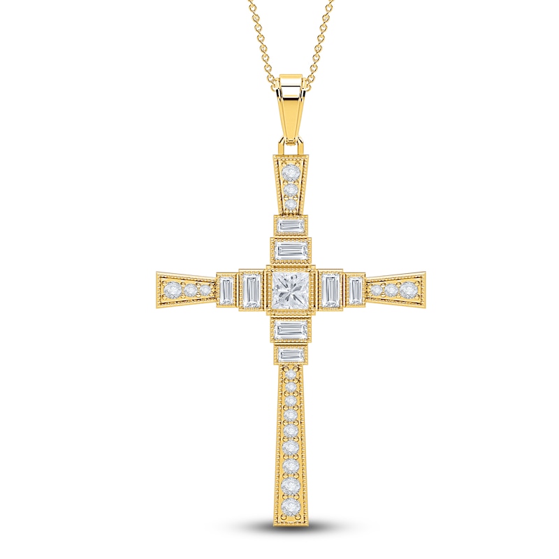 Main Image 1 of Diamond Cross Pendant Necklace 3/4 ct tw Princess/Baguette/ Round 14K Yellow Gold 18"