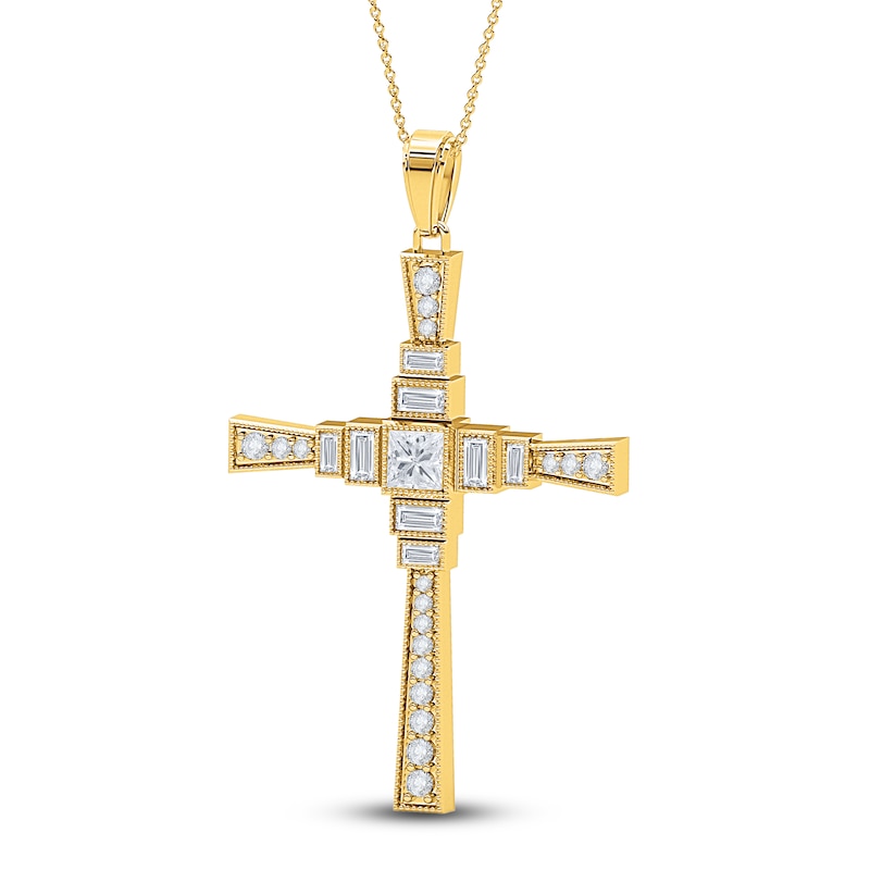 Main Image 2 of Diamond Cross Pendant Necklace 3/4 ct tw Princess/Baguette/ Round 14K Yellow Gold 18"