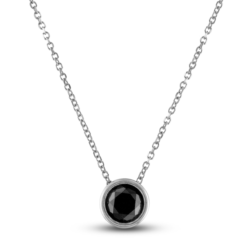 Main Image 1 of Black Diamond Solitaire Pendant Necklace 1 ct tw Round 14K White Gold 18" (I3)