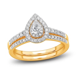 Diamond Double Halo Bridal Set 1/2 ct tw Pear/Round 14K Yellow Gold