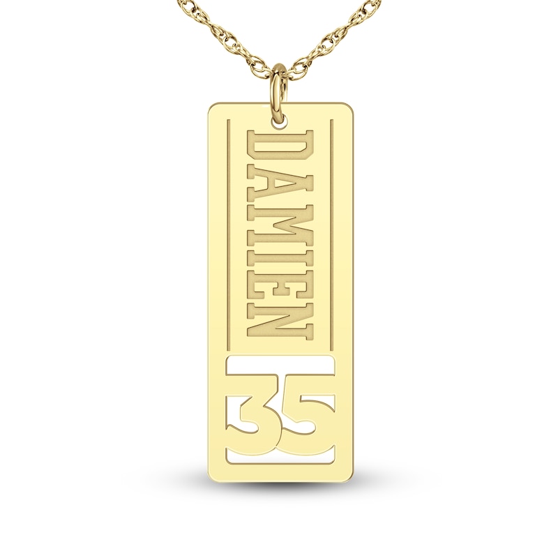 High-Polish Personalized Name & Number Dog Tag Necklace 14K Yellow Gold 22"