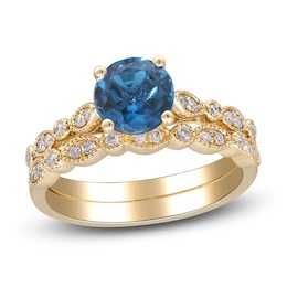 Natural London Blue Topaz & Diamond Milgrain Bridal Set 1/5 ct tw 14K Yellow Gold