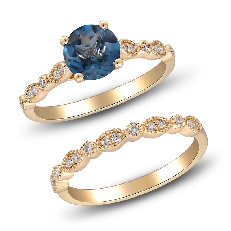 Main Image 2 of Natural London Blue Topaz & Diamond Milgrain Bridal Set 1/5 ct tw 14K Yellow Gold