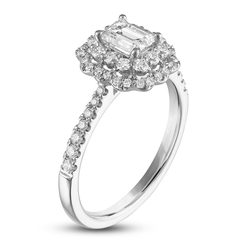 Main Image 2 of Emerald & Round-Cut Diamond Double Halo Engagement Ring 1 ct tw 14K White Gold