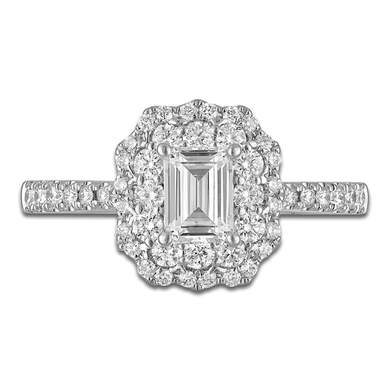 Main Image 3 of Emerald & Round-Cut Diamond Double Halo Engagement Ring 1 ct tw 14K White Gold