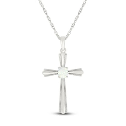 Oval-Cut Lab-Created Opal Cross Necklace Sterling Silver 18"