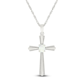 Oval-Cut Lab-Created Opal Cross Necklace Sterling Silver 18"