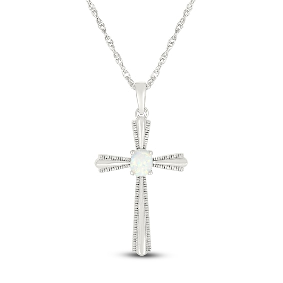 Oval-Cut Lab-Created Opal Cross Necklace Sterling Silver 18"