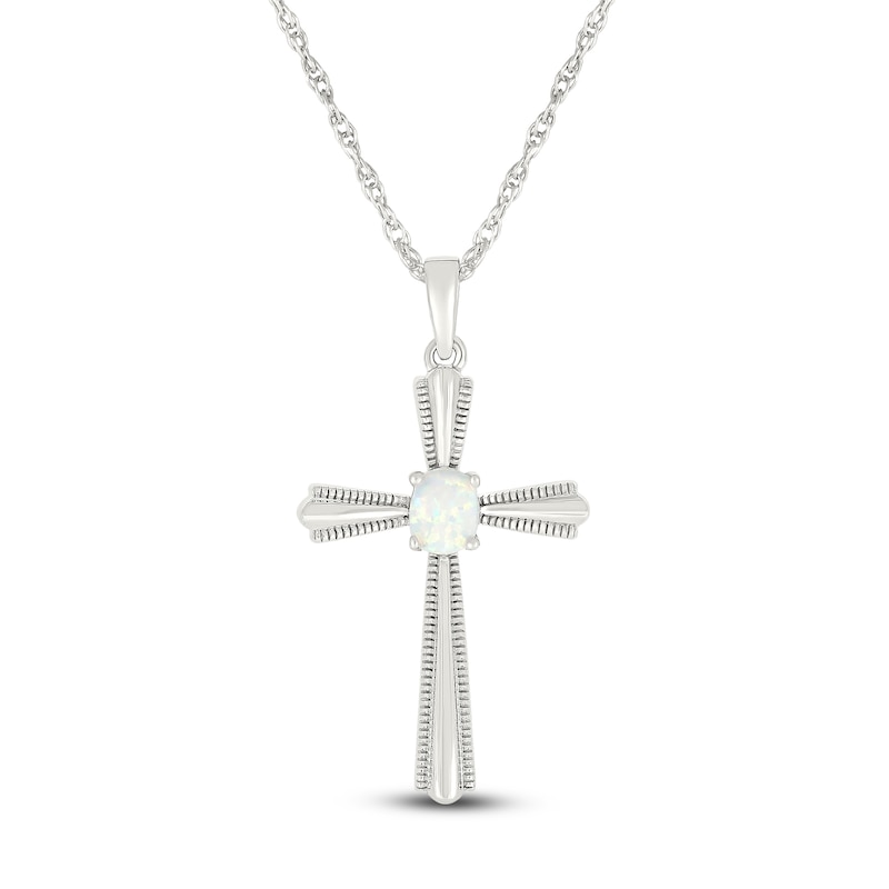 Main Image 1 of Oval-Cut Lab-Created Opal Cross Necklace Sterling Silver 18"