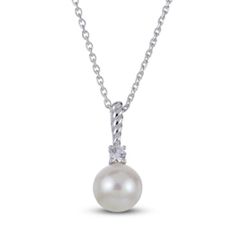 Cultured Pearl & White Lab-Created Sapphire Drop Necklace Sterling Silver 18"