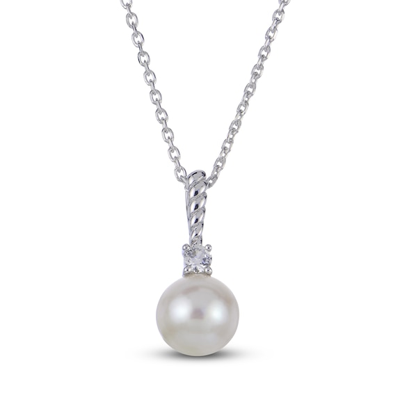 Cultured Pearl & White Lab-Created Sapphire Drop Necklace Sterling Silver 18"
