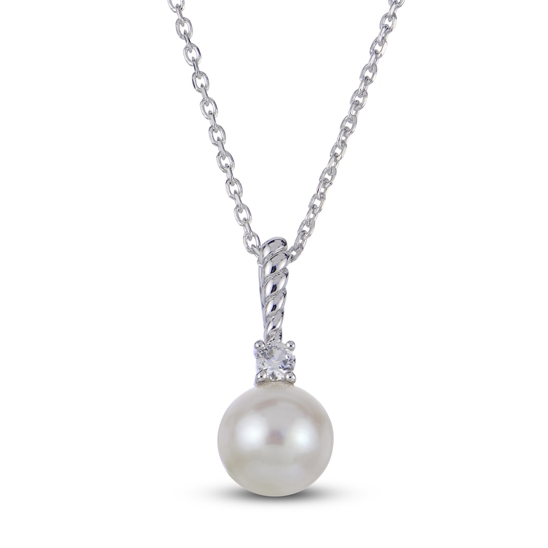 Main Image 1 of Cultured Pearl & White Lab-Created Sapphire Drop Necklace Sterling Silver 18"