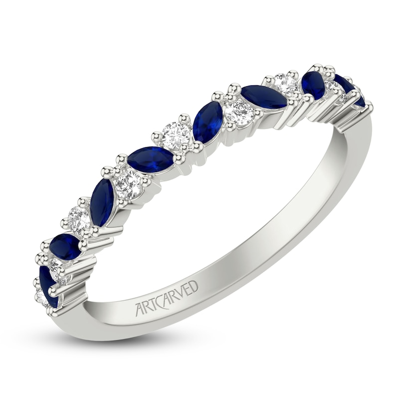 Main Image 2 of ArtCarved Marquise-Cut Natural Blue Sapphire & Diamond Anniversary Ring 1/6 ct tw 14K White Gold
