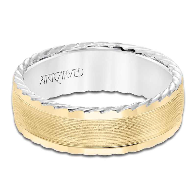 Main Image 3 of ArtCarved Men's Scored Wedding Band 14K Two-Tone Gold 7mm