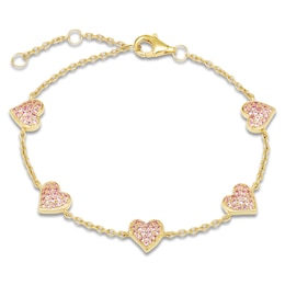 Pink Lab-Created Sapphire Pavé Heart Bracelet 10K Yellow Gold 7"