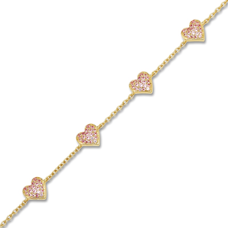 Main Image 2 of Pink Lab-Created Sapphire Pavé Heart Bracelet 10K Yellow Gold 7"