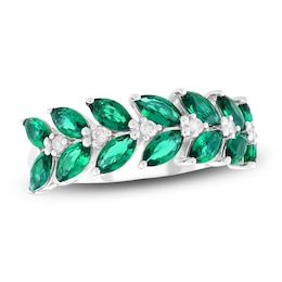 Marquise-Cut Lab-Created Emerald & Diamond Leaves Ring 1/10 ct tw 14K White Gold
