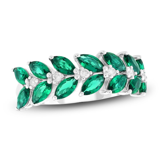 Marquise-Cut Lab-Created Emerald & Diamond Leaves Ring 1/10 ct tw 14K White Gold